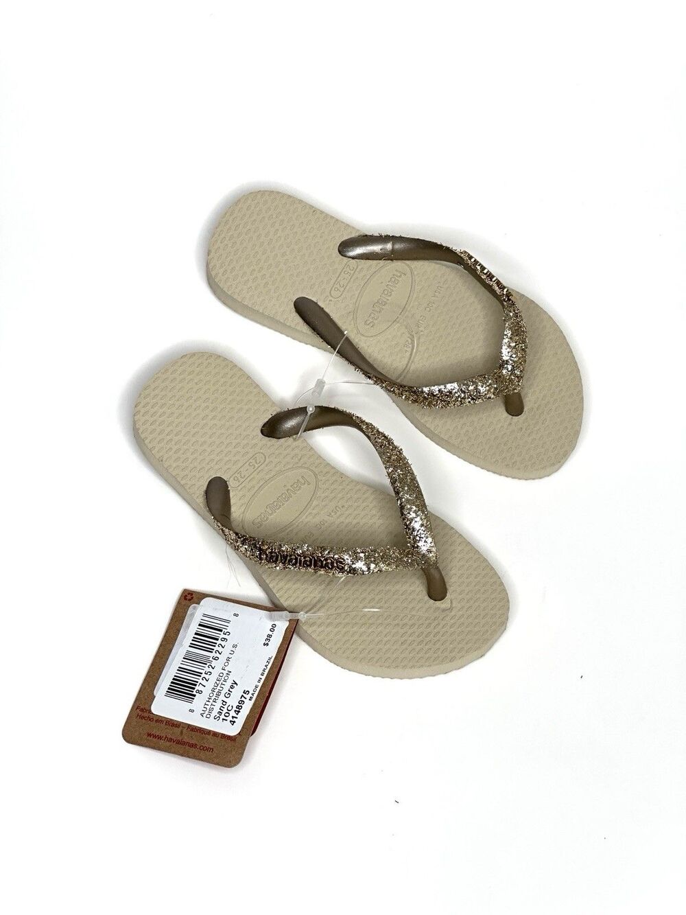 Size 10C Havaianas Girls New Flip Flops Sandals Sand Grey Gold Sparkles
